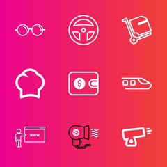 Premium set with outline vector icons. Such as vision, bag, cook, view, lens, internet, train, chef, eyesight, finance, gun, white, optical, weapon, cash, transportation, laboratory, eyeglasses, food