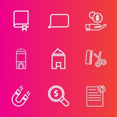 Premium set with outline vector icons. Such as textbook, home, read, house, fashion, professional, pole, find, salon, magnetic, talk, business, knowledge, bubble, field, concept, cash, study, chat