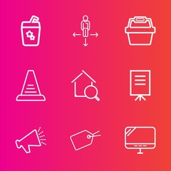 Premium set with outline vector icons. Such as pc, web, up, loudspeaker, glass, ladder, real, business, drink, place, laptop, cold, people, businessman, juice, location, sign, basket, road, step, loud