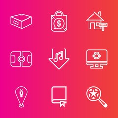 Premium set with outline vector icons. Such as tag, pin, sale, label, music, sign, bag, soccer, book, encyclopedia, study, property, stadium, map, sound, real, football, estate, magnifying, sport