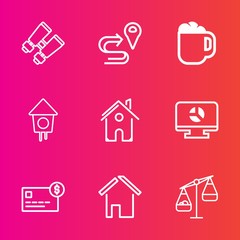Premium set with outline vector icons. Such as birdhouse, search, building, hot, architecture, gps, business, estate, money, card, infographic, equipment, discovery, see, direction, measurement, bank
