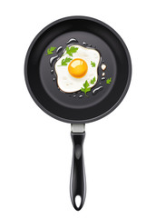 Pan with fried egg. Cooking foods. Scrambled eggs. Top view.