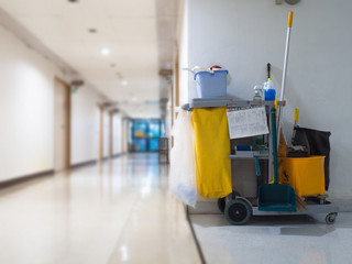Cleaning tools cart wait for maid or cleaner in the hospital. Bucket and set of cleaning equipment...
