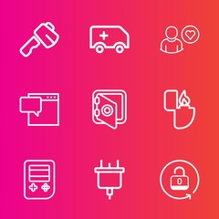 Premium set with outline vector icons. Such as emergency, electric, building, bubble, transportation, plug, button, open, fire, technology, repair, flame, hammer, medical, tool, banking, rescue, lock