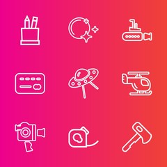 Premium set with outline vector icons. Such as technology, film, space, insulating, ufo, handle, stationery, axe, card, spacecraft, spaceship, credit, sea, money, ocean, construction, undersea, white