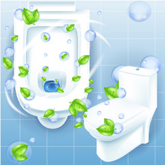 Realistic toilet mockup. Green leafs freshness concept. White toilet in 3d illustration