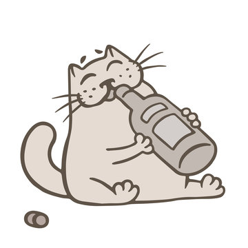 Cartoon cat holds a glass bottle of wine and drinks from it. Vector illustration