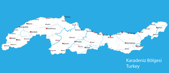 Large map of the turkish area of Karadeniz Bölgesi.