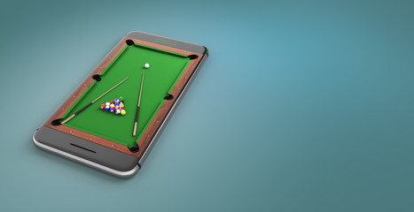 Mobile phone screen billiard game concept 3d illustration. Minimal pool table background design image