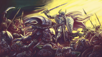 Fototapeta premium Knight is riding a sword on a dragon