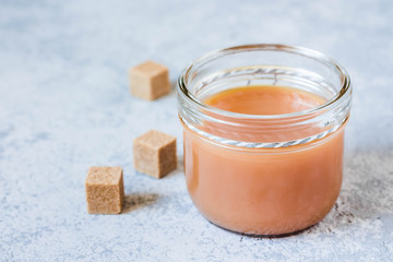 Homemade salted caramel sauce. Selective focus, space for text.