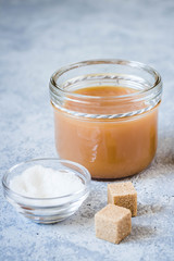 Homemade salted caramel sauce. Selective focus, space for text.