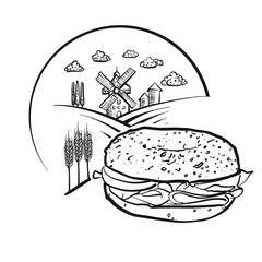 Bagel and Farm Logo Sketch. Vector label sign.