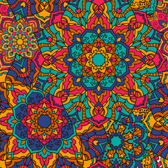 Seamless mandala pattern for printing on fabric or paper. Hand drawn background. Colorful, bright print.