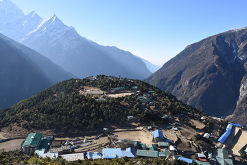 Upper part of Namche Bazaar and view of the valley in the Sagarmatha National Park