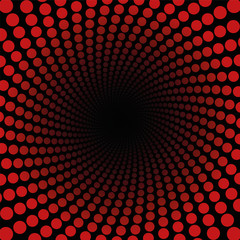 Spiral pattern with red dots, tunnel with black center - twisted circular fractal background illustration - powerful, dynamically, hypnotic, psychedelic.