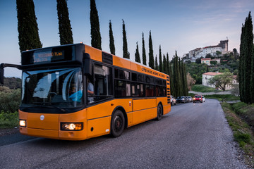 Rosignano Marittimo, Tuscany, Livorno - public transportation bus with view of the castle