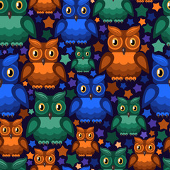 owls of different colors and stars on dark night background (seamless texture)