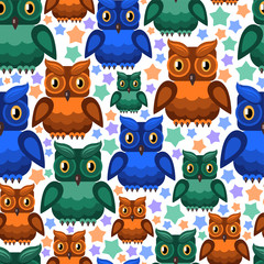 owls of different colors and stars on white background (seamless texture)