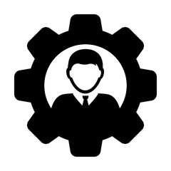 Gear icon vector male user person profile avatar symbol on cog wheel for settings and configuration sign in flat color glyph pictogram illustration