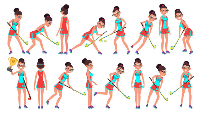 Field Hockey Girl Player Female Vector. Women s Grass Hockey Match. Cartoon Character Illustration