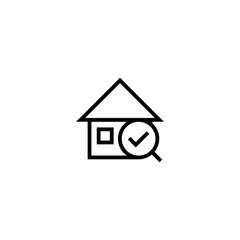 recommended house search icon. home with magnifying glass and okay check symbol. simple clean thin outline style design.