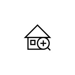 add house search icon. home with magnifying glass and plus symbol. simple clean thin outline style design.