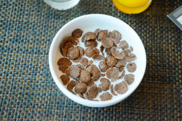 Chocolate corn flakes with milk