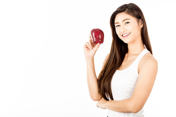 Beautiful Attractive Asian woman with smooth hair smile and showing red apple feeling so happiness with healthy skin,Isolated on white background,Healthy Concept