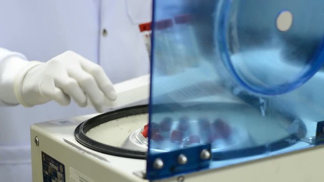 Scientist or doctor using blood centrifuge for testing in laboratory