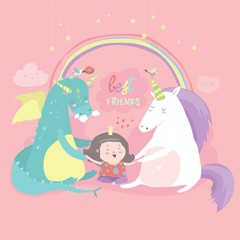 Cute cartoon dragon, unicorn and little girl © Maria Starus