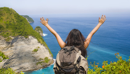 young happy and beautiful Asian Korean or Chinese woman with bac