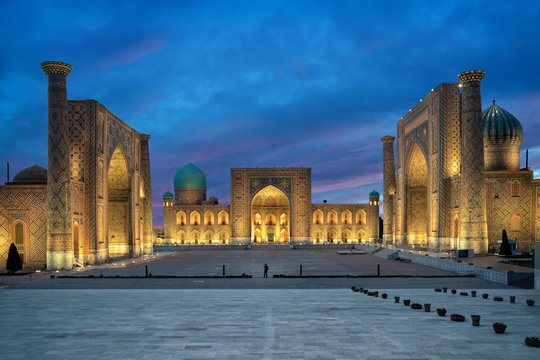 Samarkand at dusk. Historic Registan square with three madrasahs: Ulugh Beg, Tilya-Kori and Sher-Dor
