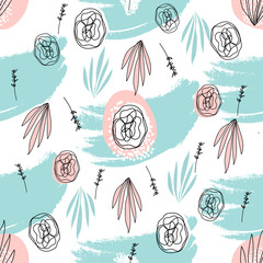 Abstract Hand Drawn Floral doodle seamless pattern. Freehand flowers and leaves on grunge brush texture. Artistic unusual pastel print. Art background for textile, wrapping, wallpaper, invitation,
