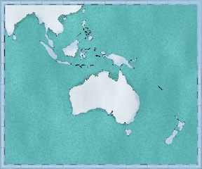 Cartina dell’Oceania, disegnata illustrata pennellate, cartina geografica, fisica. Cartografia, atlante geografico