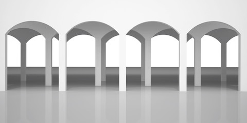 3d illustration. Architectural background. Front view of an abstract white classic arcade with several rows of arches with reflections and shadows in perspective. Render.