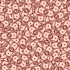 Russian ruble notes seamless pattern. Scattered RUB bills. Russia random flat money pattern. Jackpot, wealth or success concept. Vector illustration.