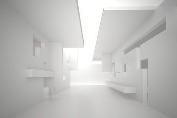 Naklejka na ściany i meble 3d illustration. White interior of a non-existent building. The walls of the room with rectangular holes, multilevel ceiling. Light in perspective. Architectural minimalistic background, render.