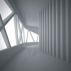 3d illustration. White interior of not existing building. The walls of vertical and inclined elements with reflection on the floor. Perspective view, render.