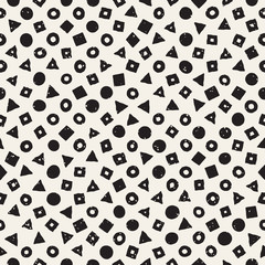 Hand drawn black and white ink abstract seamless pattern. Vector stylish grunge texture. Monochrome geometric scattered shapes