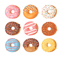 Cartoon vector illustration set of donuts. Hand drawn drawing sweet bun. Actual Creative art work bake
