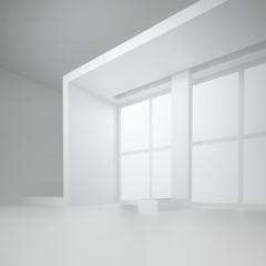 3d illustration. White non-existent interior with framed rectangular window. Architectural background, render.
