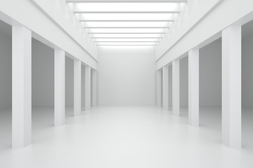 3d illustration. White interior of of not existing building with columns and beamed ceilings and top light in perspective. Symmetrical view, render. Place for text.
