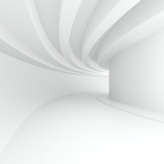 3d illustration. White abstract three-dimensional composition. Long curve corridor with circular beams on the ceiling in perspective. Architectural background, render.