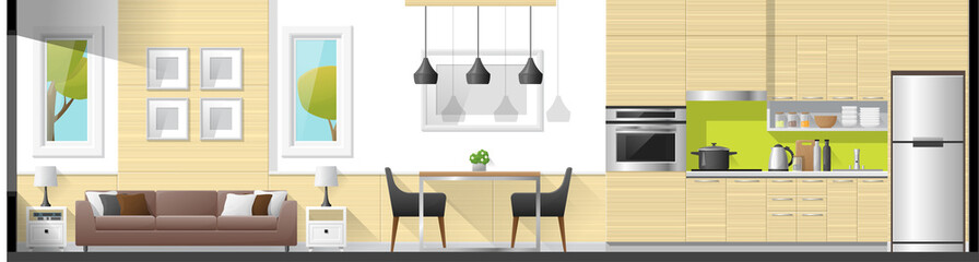 House interior section panorama background including living room , dining room and kitchen , vector , illustration
