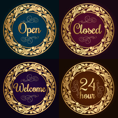 Open, closed, and welcome golden vintage decorative signs