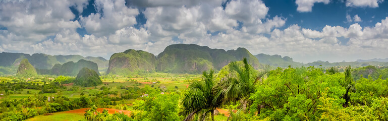 Panorama shot of the Viñales Valley with the Sierra de los Organos mountains in the background