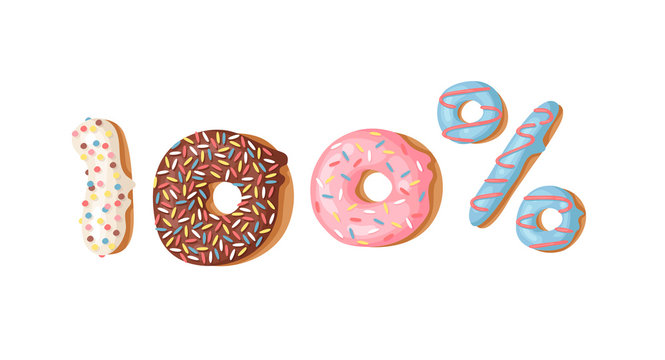 Cartoon vector illustration 100 percent donut. Hand drawn set of numbers with sweet bun. Actual Creative art work bake