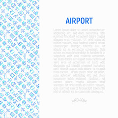 Airport concept with thin line icons: check-in counter, gates, boarding pass, escalator, toilet, food court, baggage claim, wrapping service, duty free, departures, arrivals. Vector illustration.