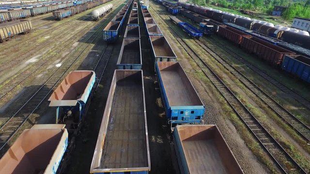 Flight over trains. Aerial shot